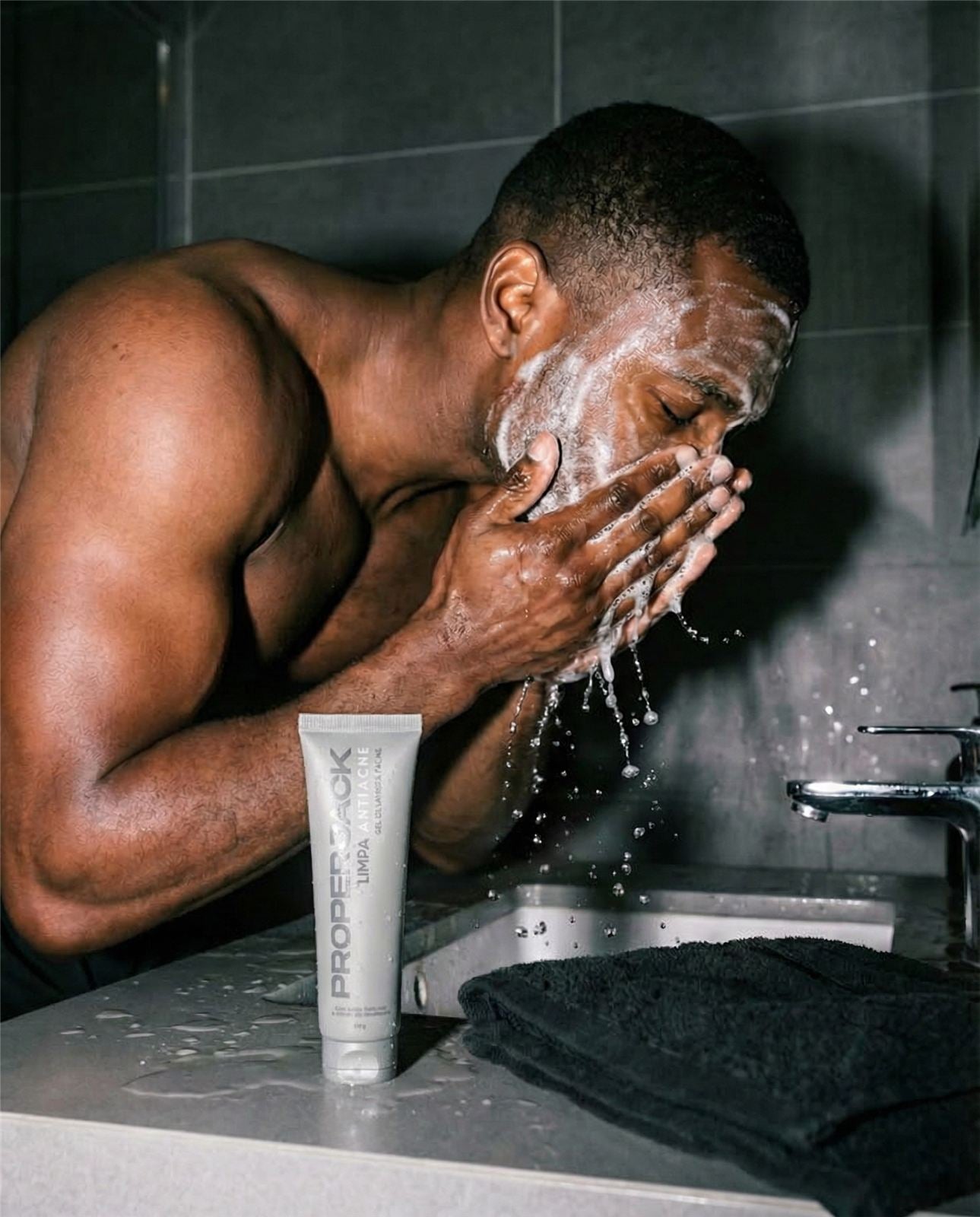 Homem lavando o rosto com o gel de limpeza Proper Jack