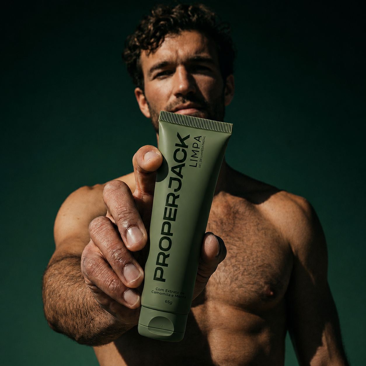 Homem apresentando o gel de limpeza LIMPA Proper Jack